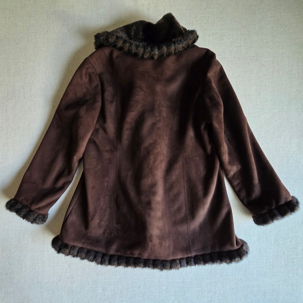 Jones New York Brown Vegan Suede Y2K Faux Fur Lined Coat Large Penny Lane - Picture 13 of 13
